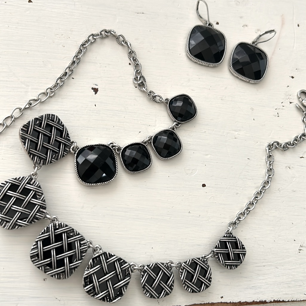 Premier Designs Perfection Reversible BlackSilver Tone Necklace  Earrings